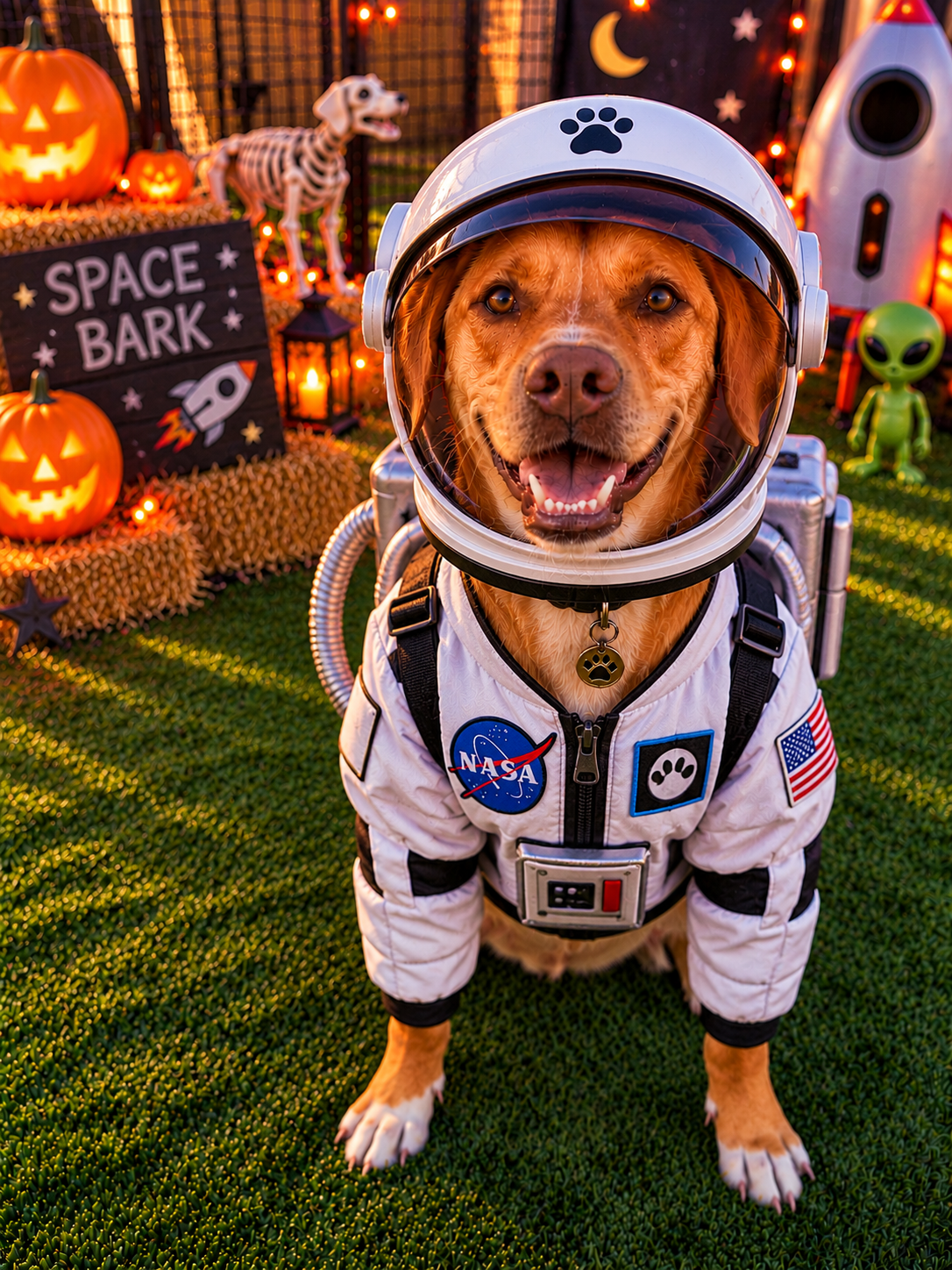 Dog in astronaut Halloween costume with festive decorations at Preppy Pet