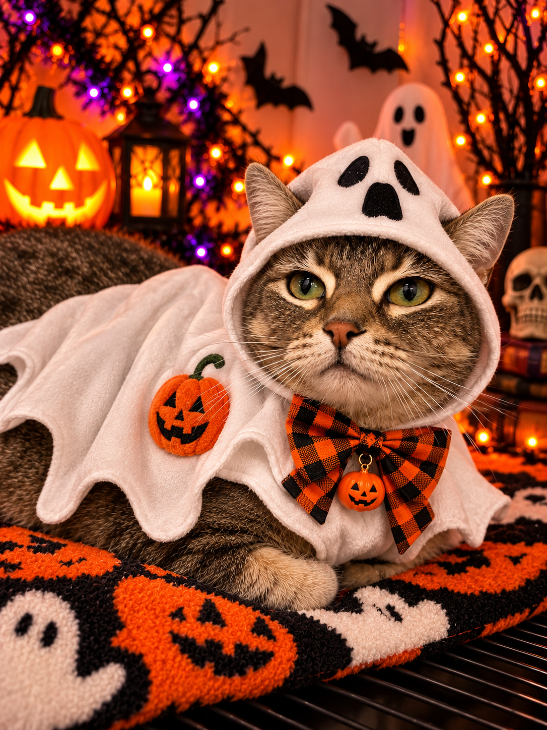 Cat in ghost Halloween costume with festive decorations at Preppy Pet