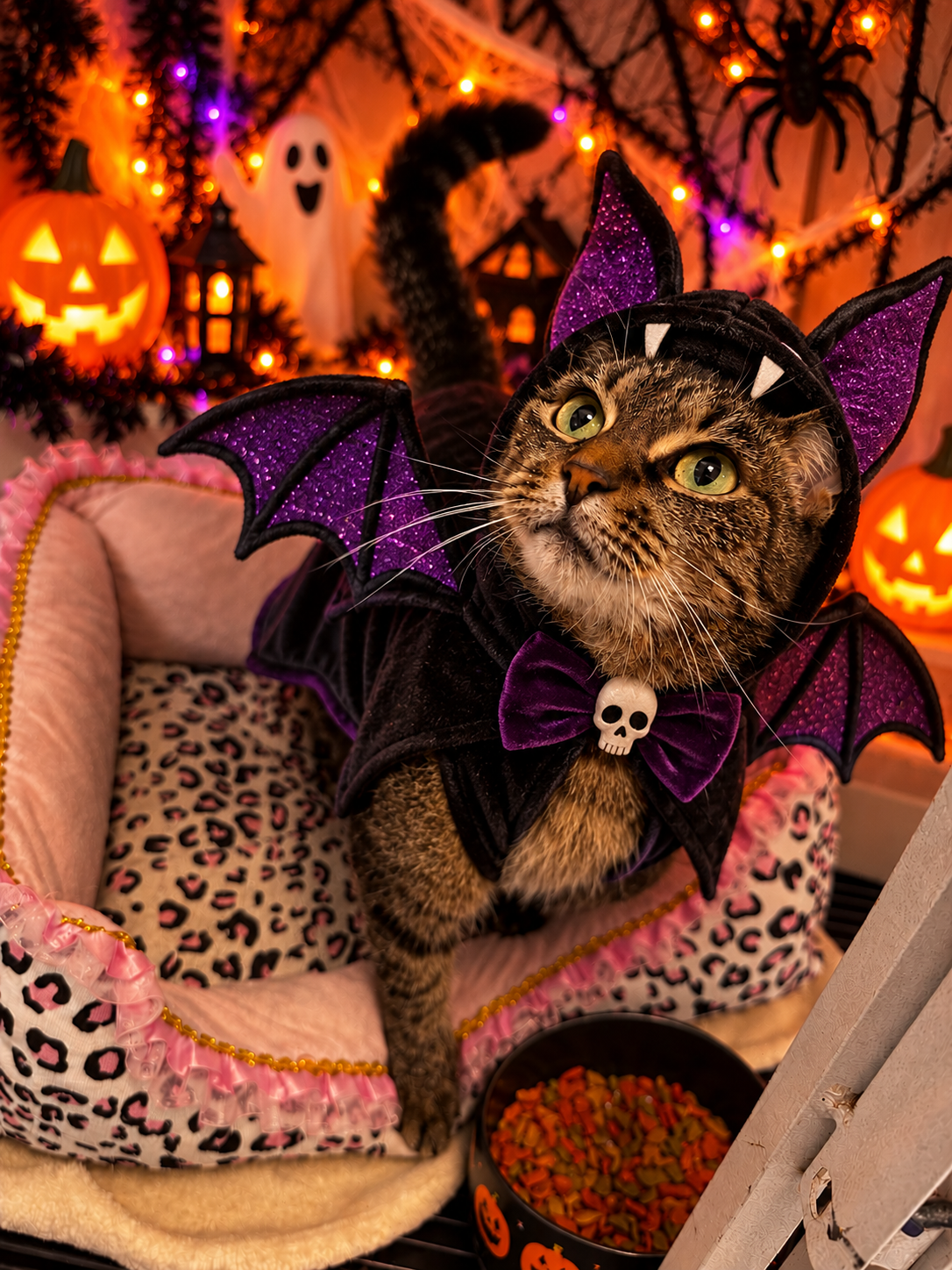 Pets in Halloween costumes celebrating at Preppy Pet